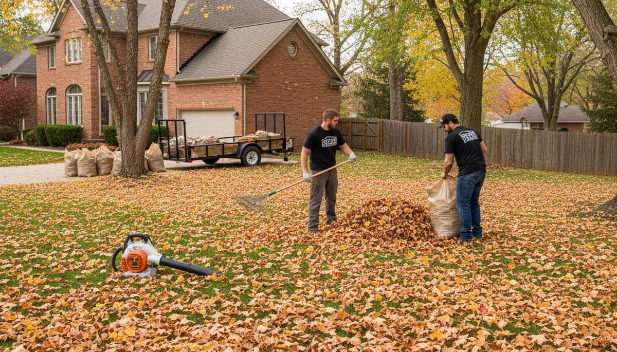 Landscapers raking and bagging fall leaves during yard clean up in Dayton, OH residential lawn