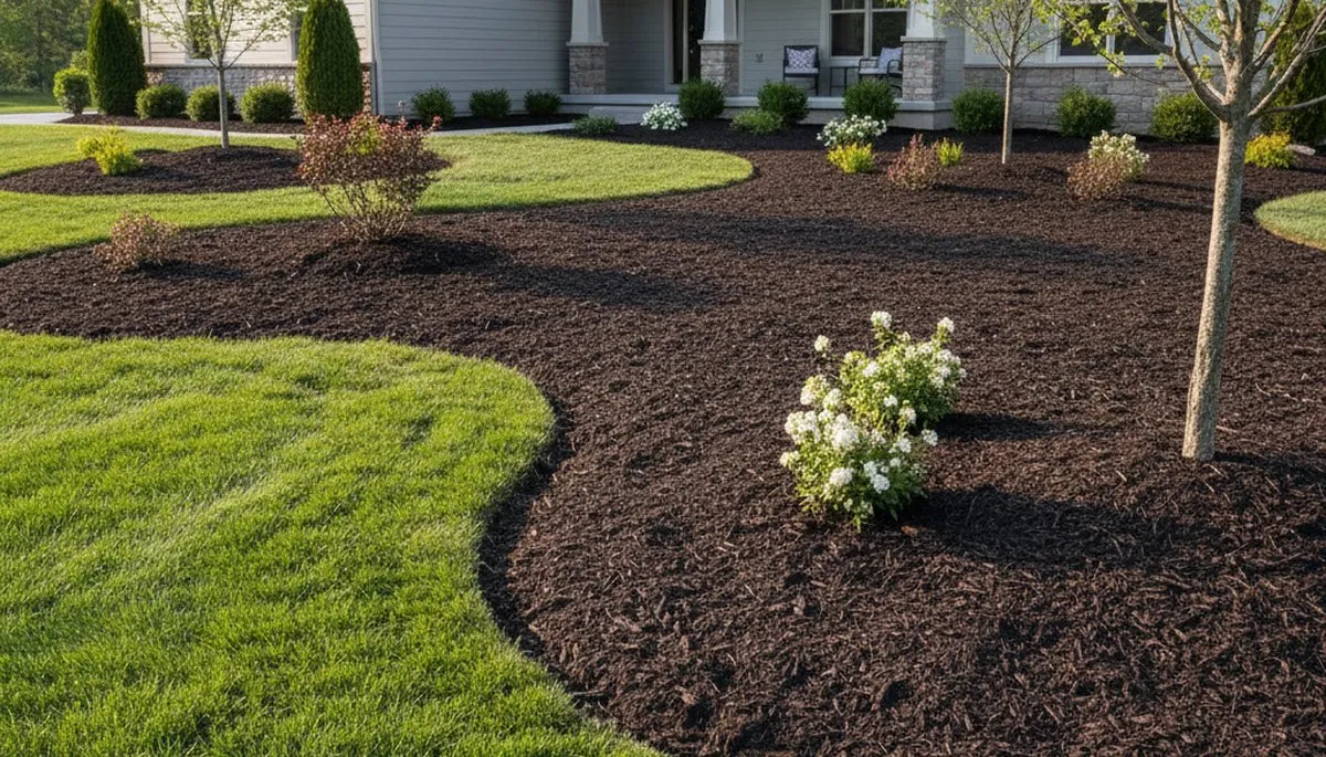 Freshly spread mulch beds with clean edges by professional landscapers in Dayton, OH
