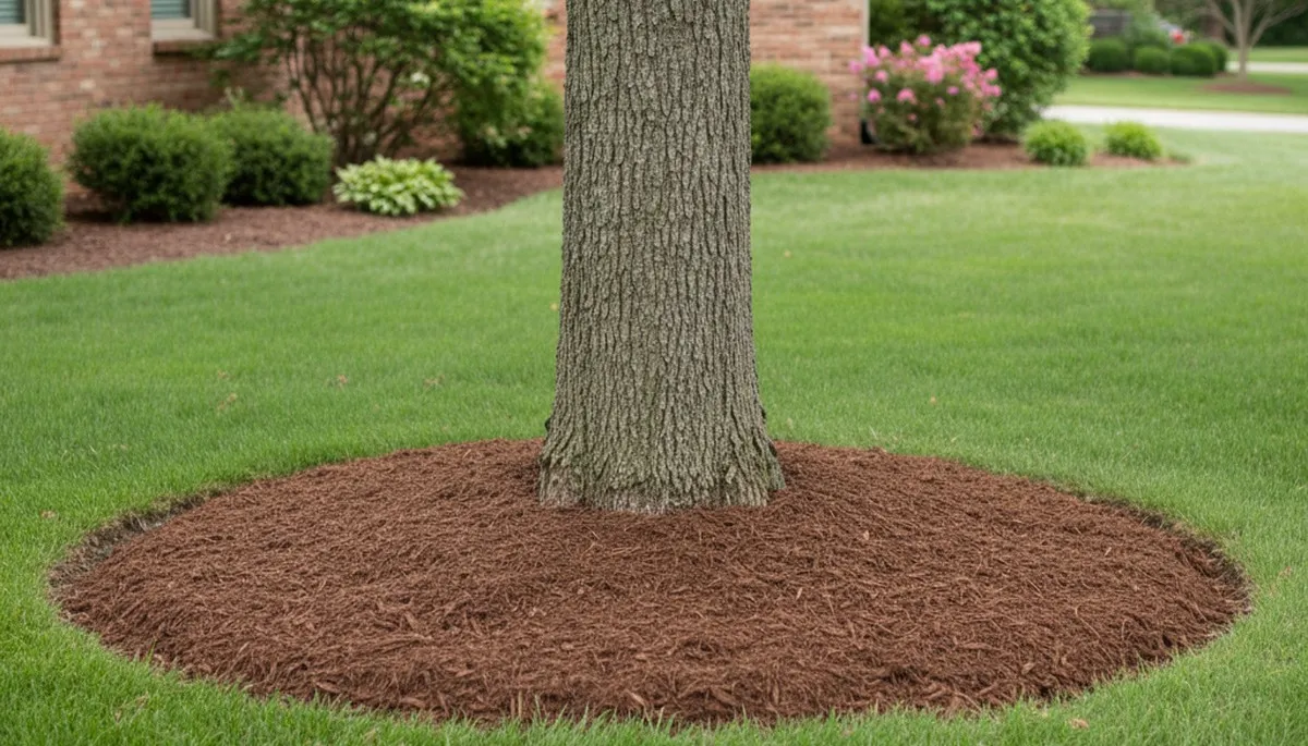Professional circular mulch ring around tree base in Dayton, OH by Chop Chop Landscaping
