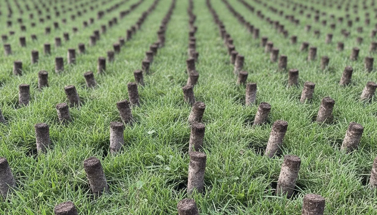 Close-up of soil core plugs from lawn aeration service in Dayton, OH by Chop Chop Landscaping
